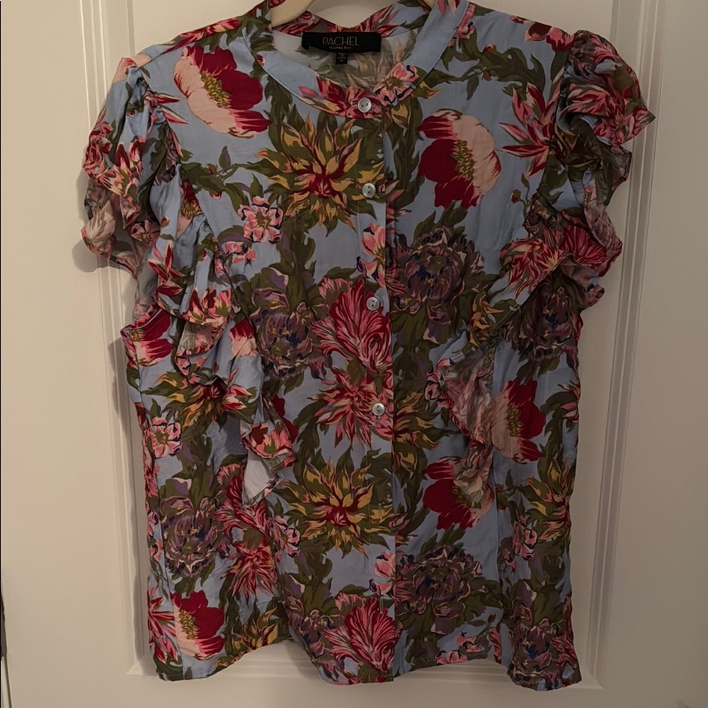 Rachel Floral Ruffle Blouse - Blue and Red